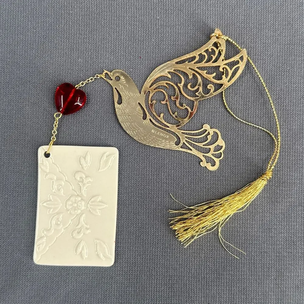 Lenox Across The Miles Christmas Ornament Gold Dove Red Heart Porcelain Tag Box